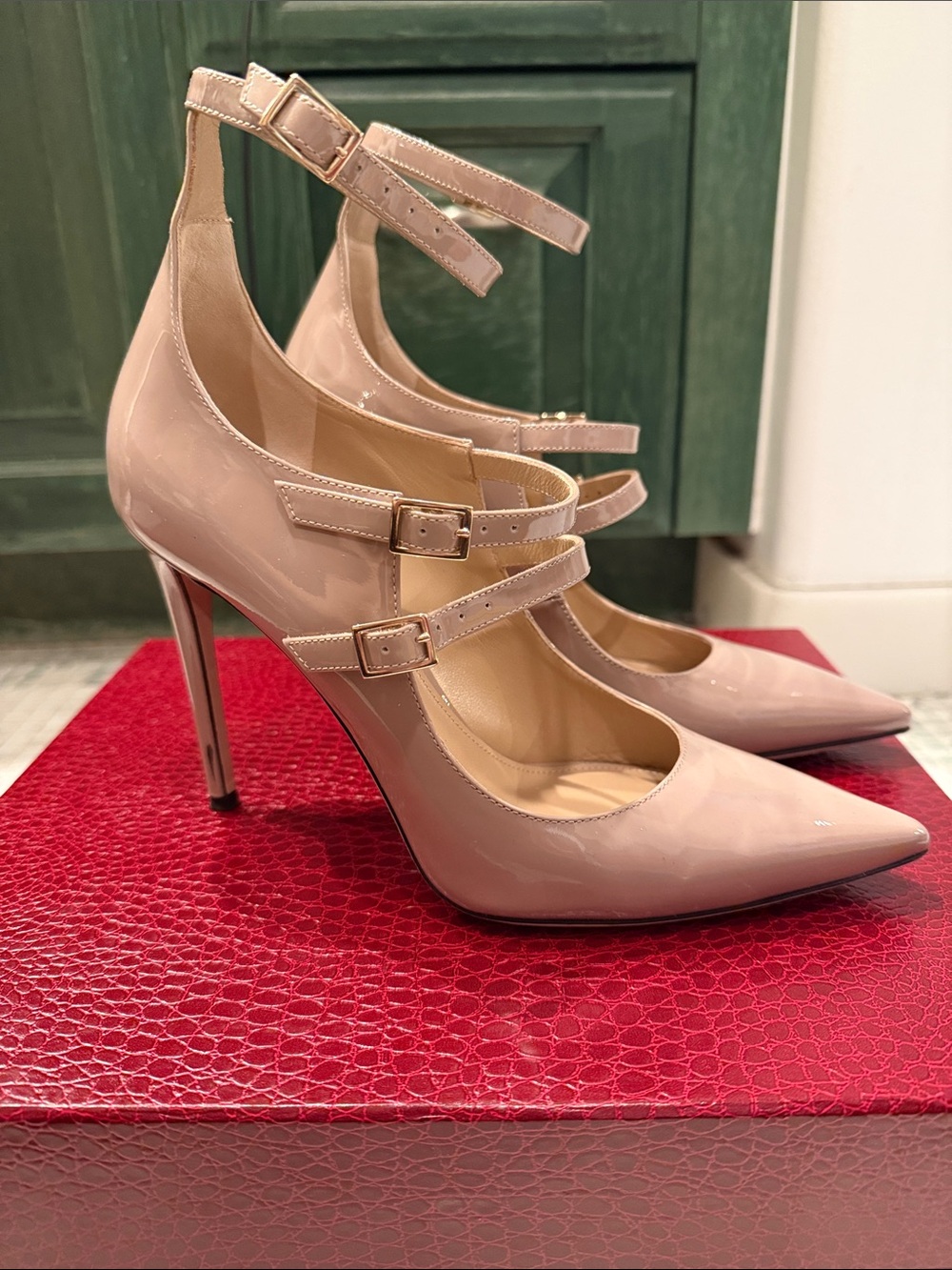 Tamara Mellon Pistol 105 Patent Taupe  Pointed Triple-Strap Stiletto Heels